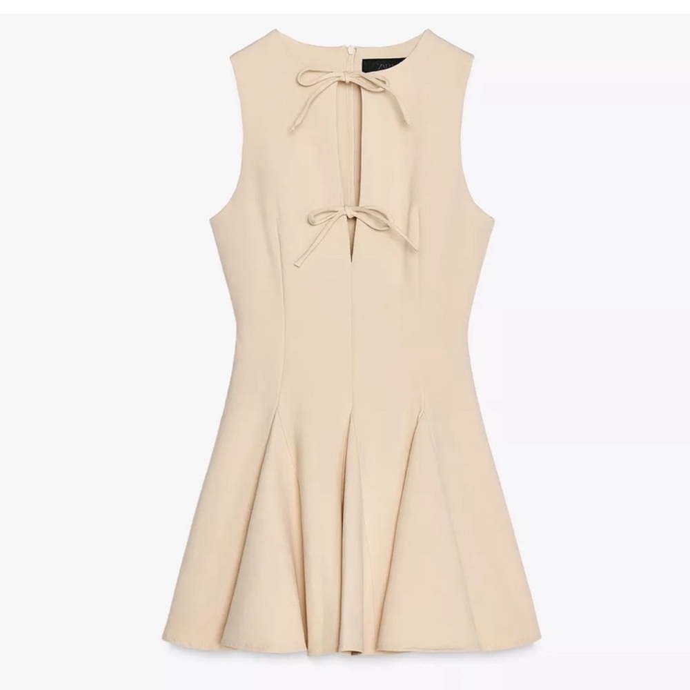 Zara Beige Mini Godet Fit & Flare Dress w/ Front Bow Detail, Sleeveless Sz M NWT - Picture 2 of 8